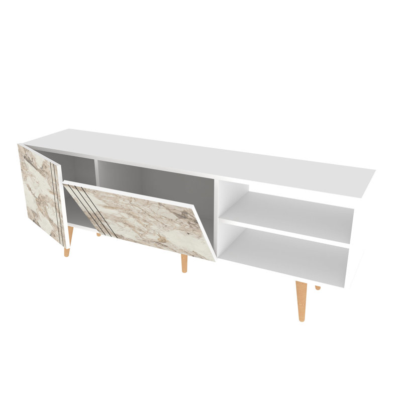 Meuble télé moderne blanc de 63,0 po x 13,8 po x 15,2 po | 100% panneau de particules enduit de mélamine, épaisseur: 0,7 pouce | Design élégant en marbre, durable et élégant pour le salon et les espaces de divertissement, assemblage facile