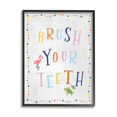 " Brush Your Teeth Bathroom Sign Playful Flamingo Turtle " by Natalie Carpentieri
