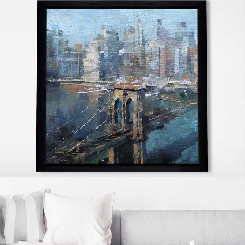 Pont de Brooklyn I par Mark Lague - Peinture, Cadre noir, H 31,5 po x l 31,5 po x P 1 po