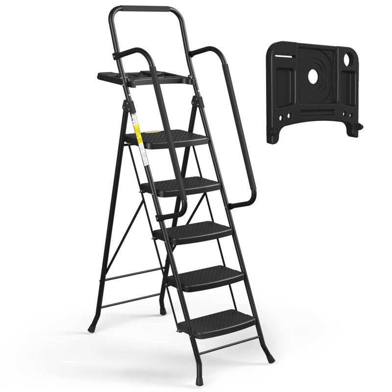 Escabeau pliant en métal à 5 marches, Blanc/Noir