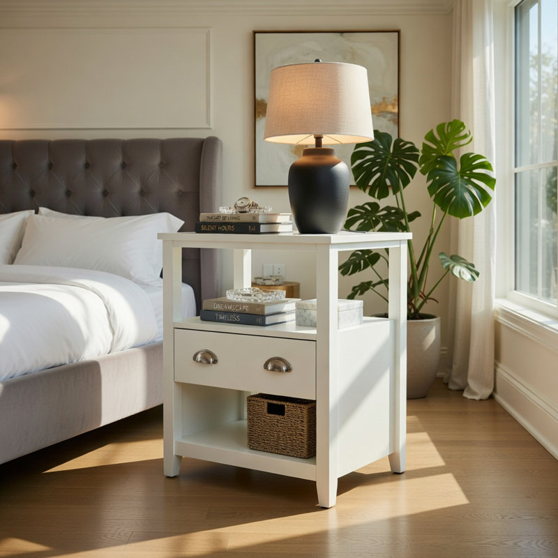 Table de bout moderne en bois avec 2 tiroirs et tablette ouverte, table de chevet pour la chambre à coucher ou le salon, blanc