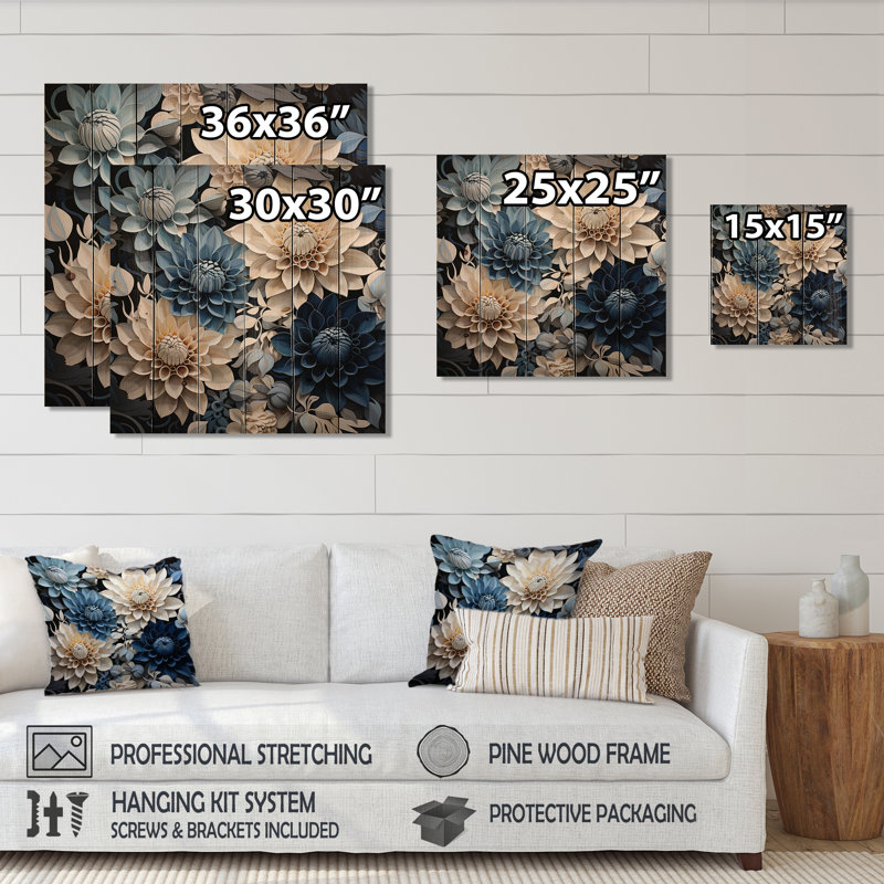 Délice de fleur de dahlia bleu et blanc - art mural en bois de dahlia sur bois de pin naturel, H 36 po x l 36 po