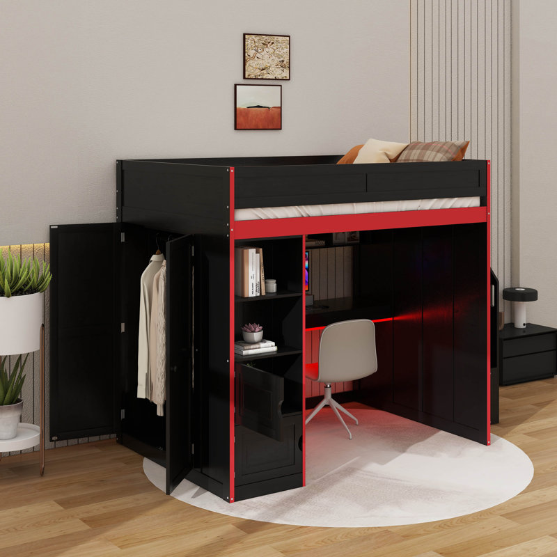 Lit mezzanine double avec bureau et rangement, Lit double