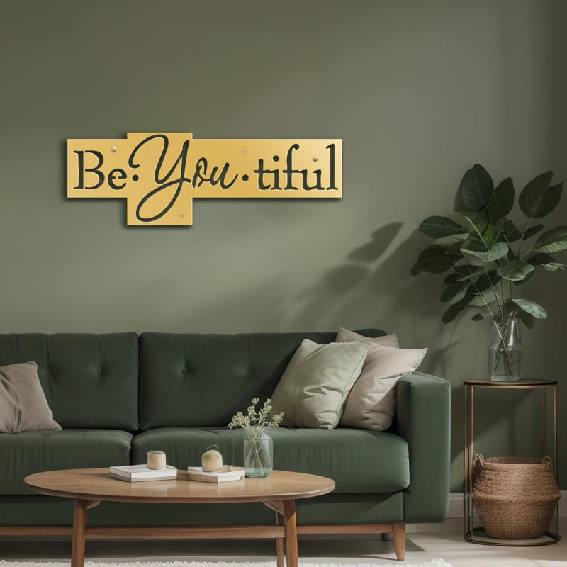 Be You Be Beautiful - Inspirational Text Words Wall Sculpture Black Gold Metal Wall Decor Accent, Gold