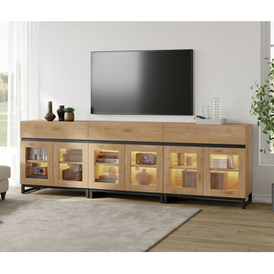 Meuble télé moderne avec portes en verre pour téléviseurs de 110 po, console de divertissement 3 en 1 avec 3 tiroirs et base en métal pour le salon, la chambre à coucher