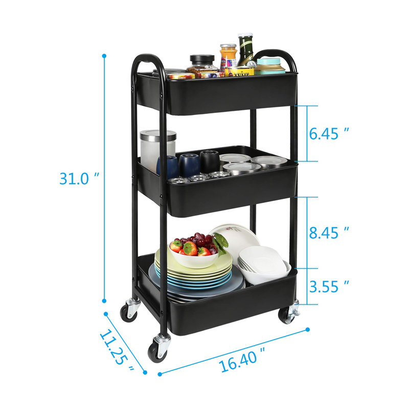 Black 3-Tier Metal Rolling Utility Cart with Casters