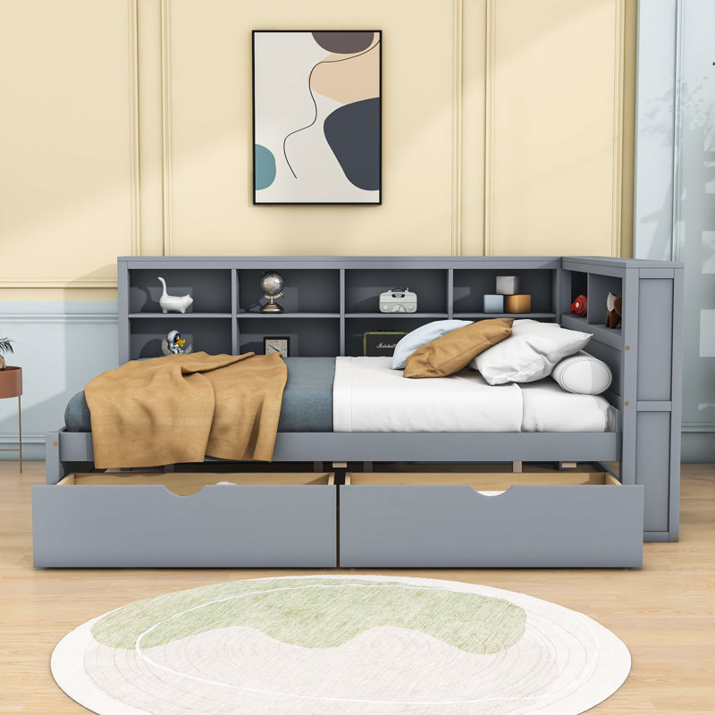 Haileyjo Wood Daybed with 2 Drawers,USB Charging and Shelves, Gray, Full