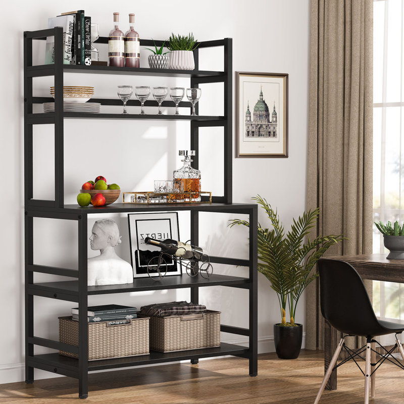 Étagère de boulanger standard de 31,5 po avec micro-ondes compatible avec le rangement des bouteilles de vin, Noir
