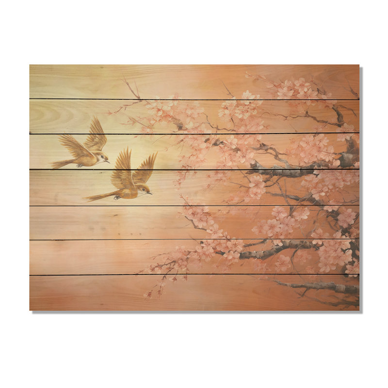 Oiseaux dorés et roses sur un arbre floral III - Oiseau sur bois, H 10 po x l 20 po