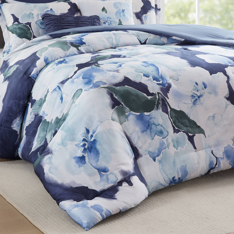 Ensemble d'édredon de style contemporain, Motif floral bleu, Édredon très grand californien + 6 pièces suppl