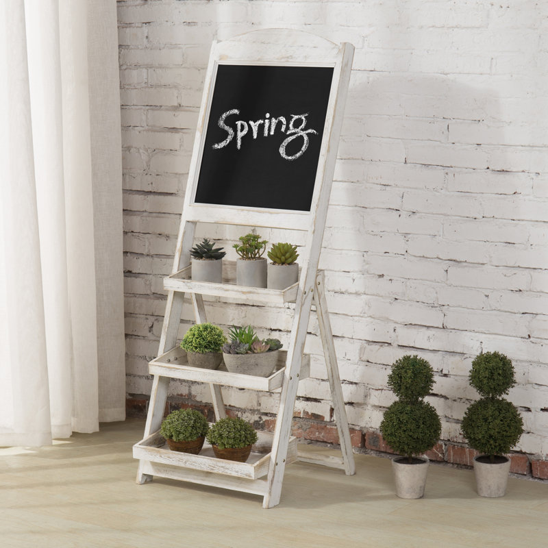 Free Standing Chalkboard with 3 Display Shelves, White Wash