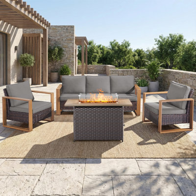 6-Piece Outdoor Rattan Modern Garden Fire Pit Set With Sofa, Armchairs And Ottomans