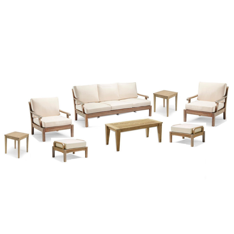 Sack Outdoor Teak Conversation Set, 8 Pcs: Loveseat, End Table, 2 Ottomans