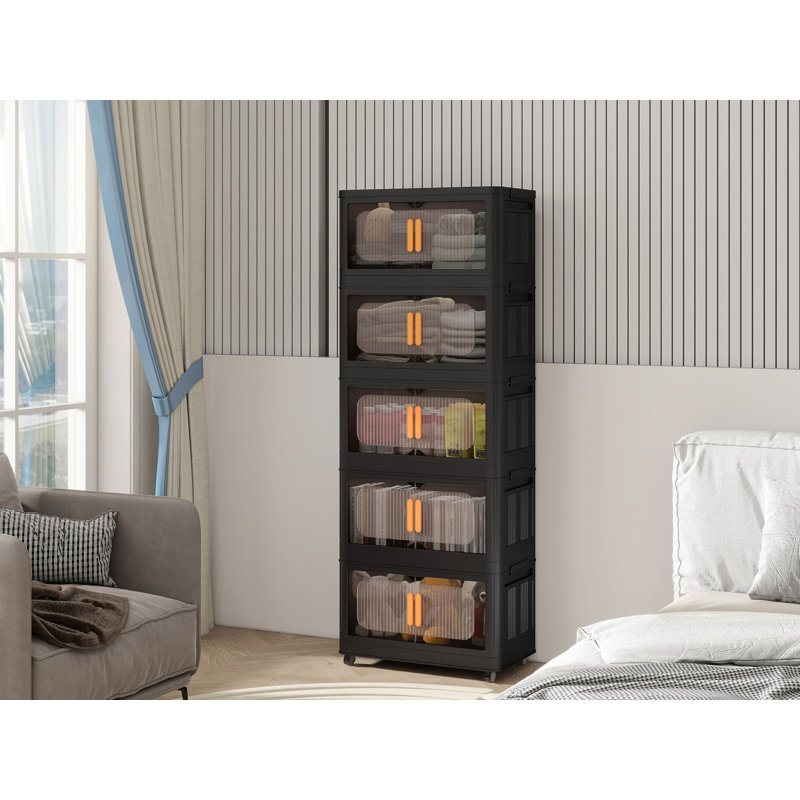 Black,24" Side Wide Folding Storage Cabinet ,4 Tiers,23.62"×13.78"×48.43",Collapsible Storage Bins With Magnetic Door, Plastic Storage Cabinet With Wheels