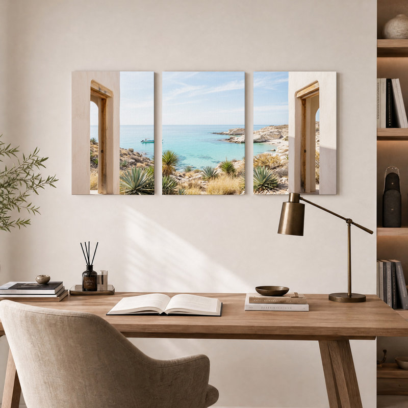 Ensemble de 3 toiles murales avec vue sur la mer turquoise à travers des arcades en pierre, 24"H x 16"W x 3pcs