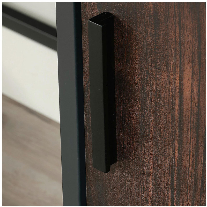 Bureau industriel avec grande surface de travail et armoire latérale, finition noyer foncé
