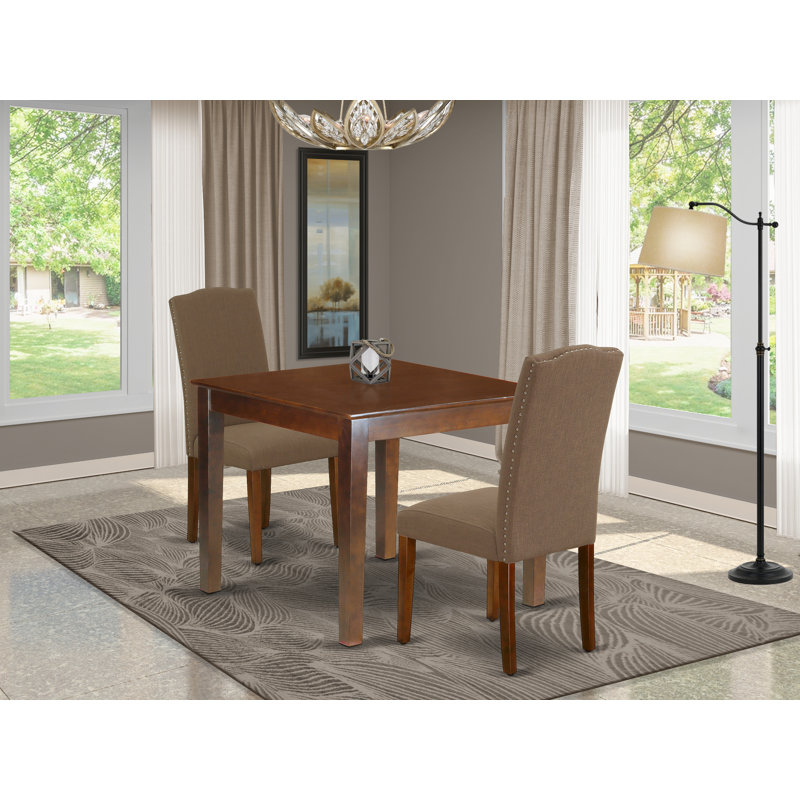 3 Piece Dining Room Table Set Contains a Square Wooden Table and 2 Dark Coffee Linen Fabric Upholstered Parson Chairs, Mahogany