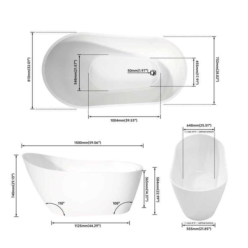 Stand Alone Oval - Shape White Acrylic High Back Soaker Bathtub  5932 Inch , Non Slip Feature And Stain Surface, No Drains Included Inch  With Feature, Spacious Design,