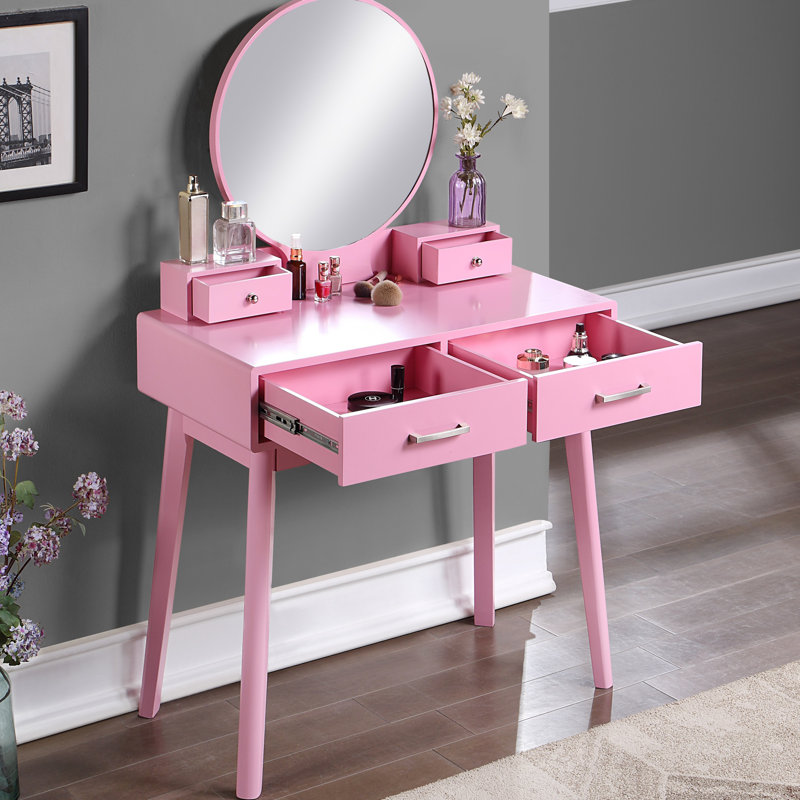 Contemporary Wood Vanity And Stool Set, Pink