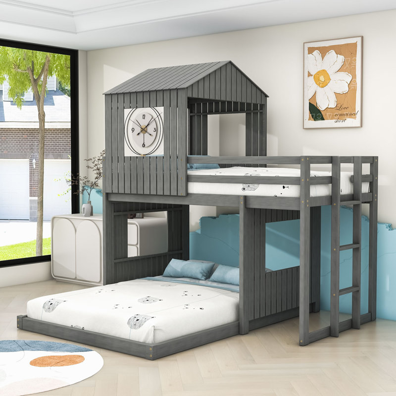 Lit superposé simple au-dessus d'un lit double en bois avec échelle et garde-corps, conception de maisonnette, Gris