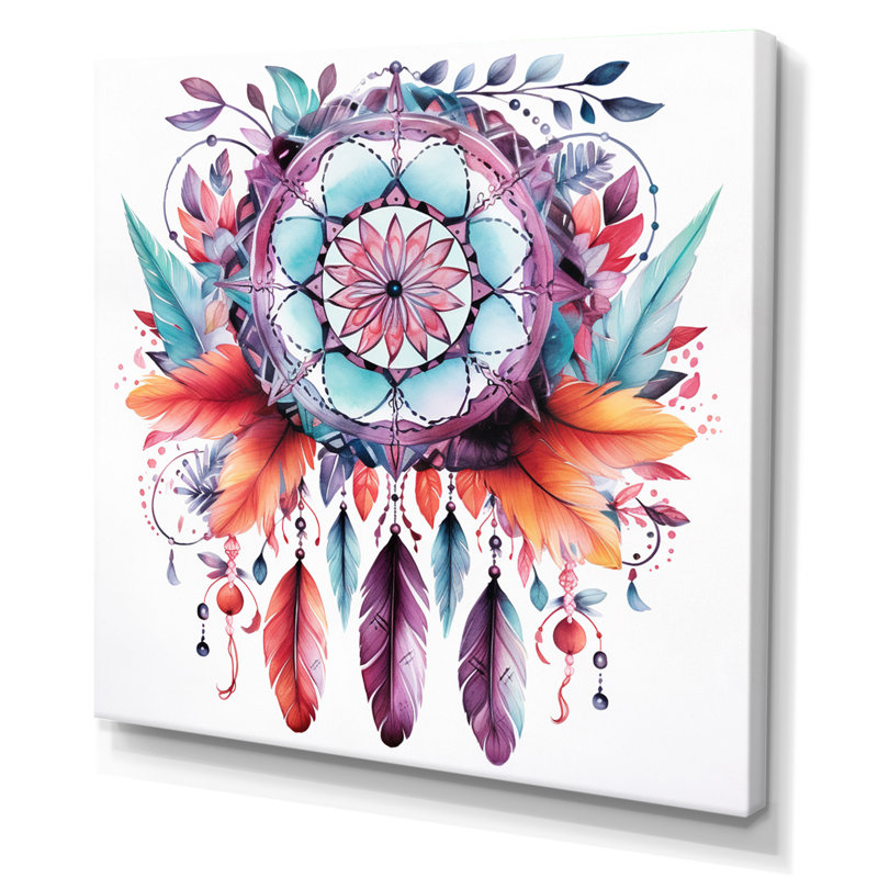 Mauve Boho Dreamcatcher, aquarelle encadrée sur toile, H 16 po x l 16 po, Toile tendue