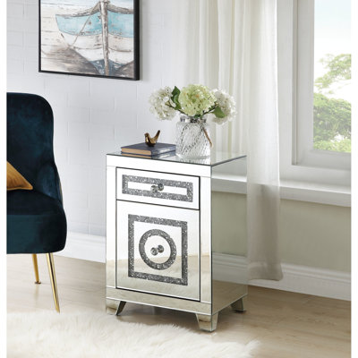 Mirrored Accent Table With Shining Faux Diamonds & 2 Practical Drawers Spacious - Metal + Synthetic Wood, 26"H X 18"W 14"D