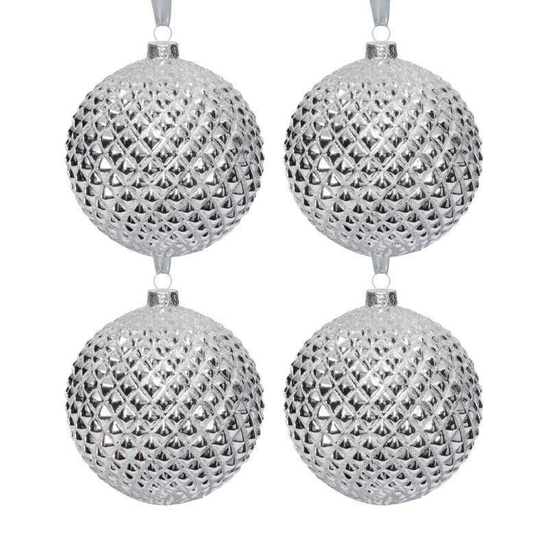 Ensemble de 4 pièces de boules de Noël en verre métallique 4,75 pouces, Argent luisant