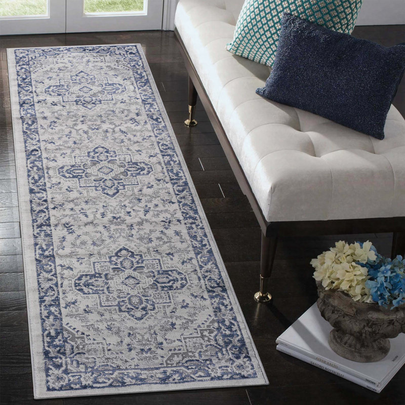 2x8 Blue Grey Oriental Runner Rug, Vintage Hallway Carpet with Non Shedding Low Pile Design, Blue+Grey