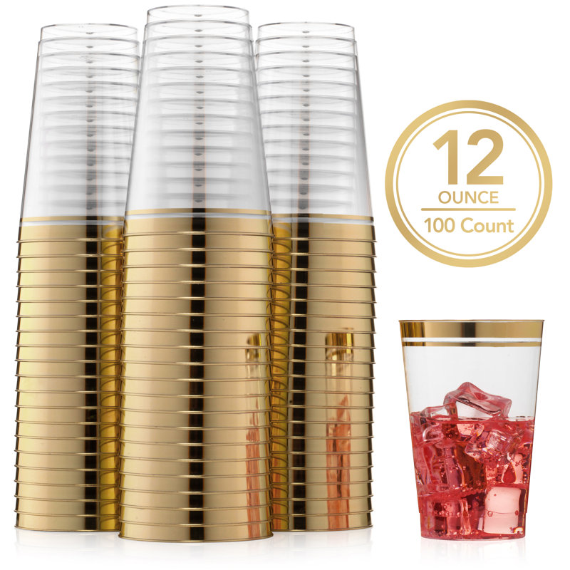 12 oz Clear Plastic Cups with Gold Rim, Set of 100