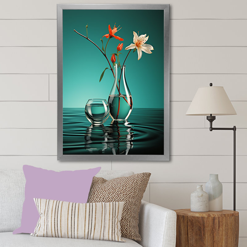 Vase de fleurs turquoise - impression, H 32 po x l 24 po x P 1 po, Cadre simple argenté