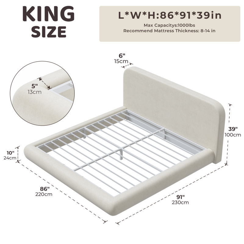 Structure de lit tapissier très grand avec tête de lit en chenille courbée très grand, panneaux arqués en mousse entièrement rembourrés, support en métal robuste, aucun sommier tapissier requis, beige