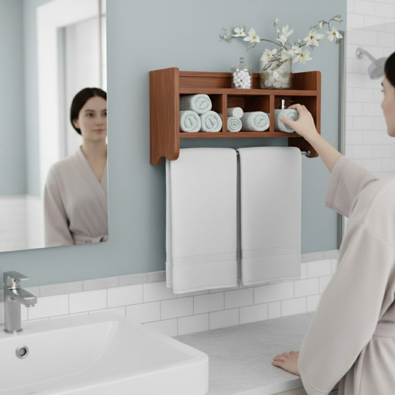 Tablette de salle de bain murale rectangulaire en bois de 25 po de largeur avec rangement et barres à serviettes Afanasie