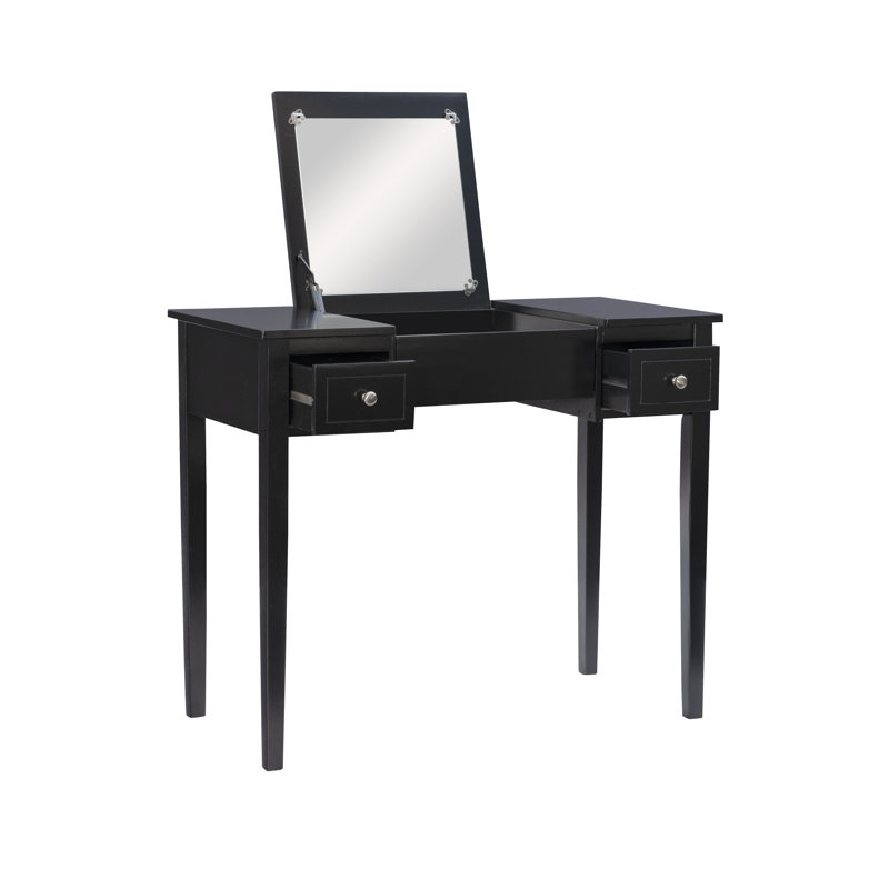 Coiffeuse à plateau avec miroir rabattable, 2 tiroirs et tabouret à motif de papillons 36 po Fidelmar, Noir