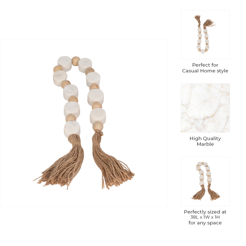 Decorative Stone Marble Beads Woven Jute Tassel Strand with Heart Shaped Accents for Rustic Textural Dimension and Natural Handcrafted Detail
