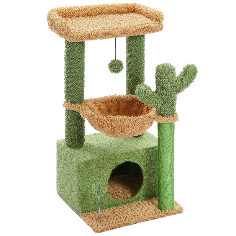 Green and Beige Multi-Level Cat Tower with Hammock and Condo