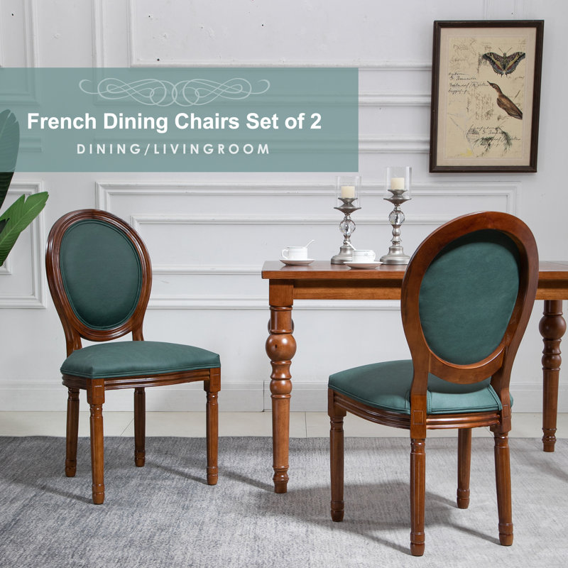 Green Upholstered French Country Dining Chairs with Carved Wood Frame, Set of 2