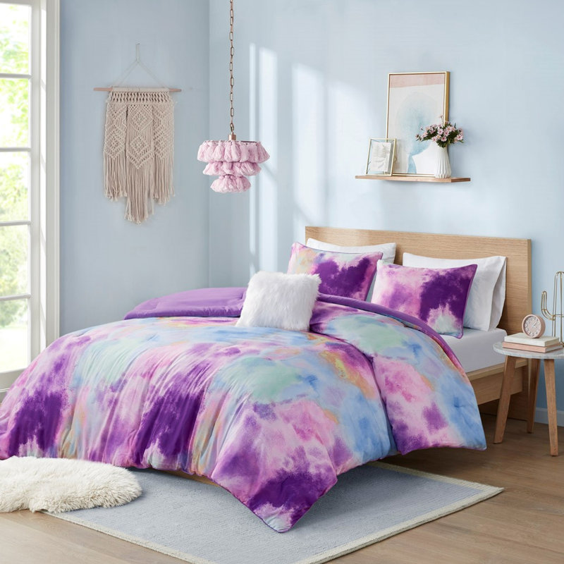 Twin/twin Xl Comforter With Tie Dye Print, , Piped Border, , Decorative Pillow Watercolor Pattern, Machine Washable,