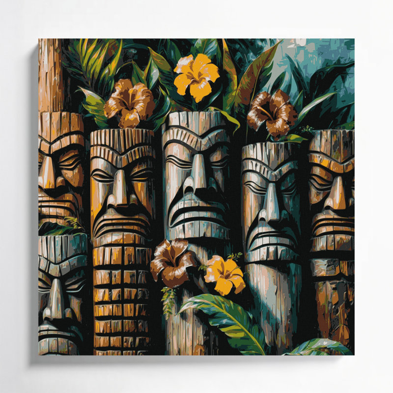 Art mural sur toile vert, statues hawaïennes, H 12 po x l 12 po