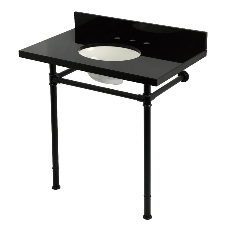 Kingston Brass Imperial 36-Inch Black Granite Console Sink with Stainless Steel Legs (8-Inch, 3-Hole), Polished Nickel