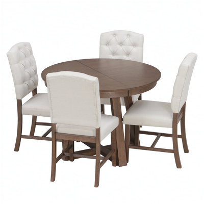 5-Piece Retro Functional Dining Set, Round Table with a 16"W Leaf and 4 Upholstered Chairs for Dining Room and Living Room (Walnut)