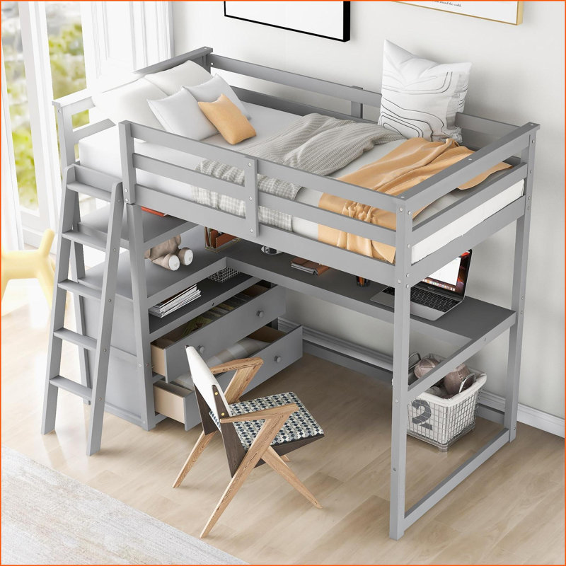 Lit mezzanine simple en bois de pin massif avec tablettes de bureau et amp; 2 tiroirs gris - aucun sommier nécessaire, Gris
