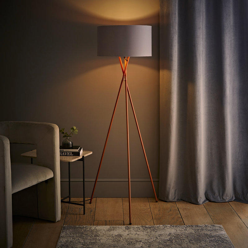 Misner 155cm Camden Tripod Floor Lamp with Large Reni Shade, Yes, Grey & Copper, Copper