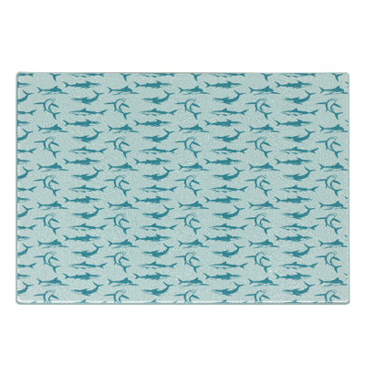 Ambesonne Shark Tempered Glass Cutting Board Scary Predators with Fins Blue White