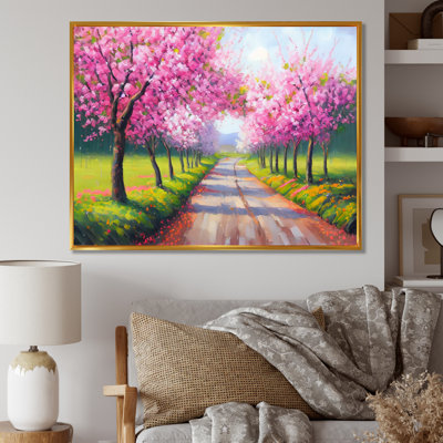 «Countryroad with Pink Blossoming Cherryflowers», reproduction sur toile