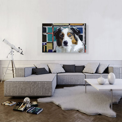 " Australian Shepard Dog Blue Yellow Black Geometric " Painting Print