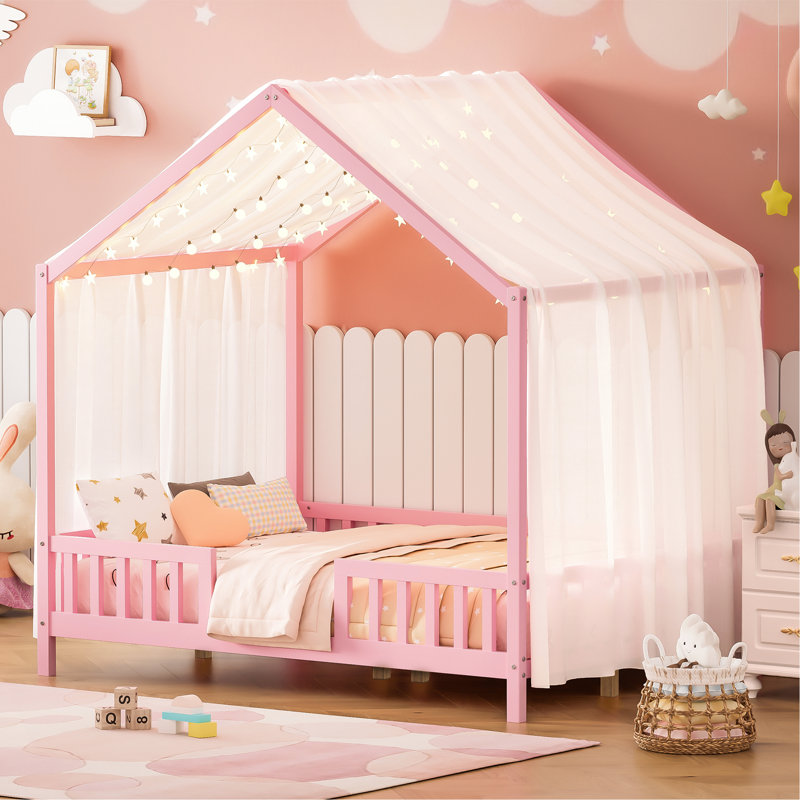 Floor Bed With Canopy, House Shape Bed Frame For Home, Full, Pink