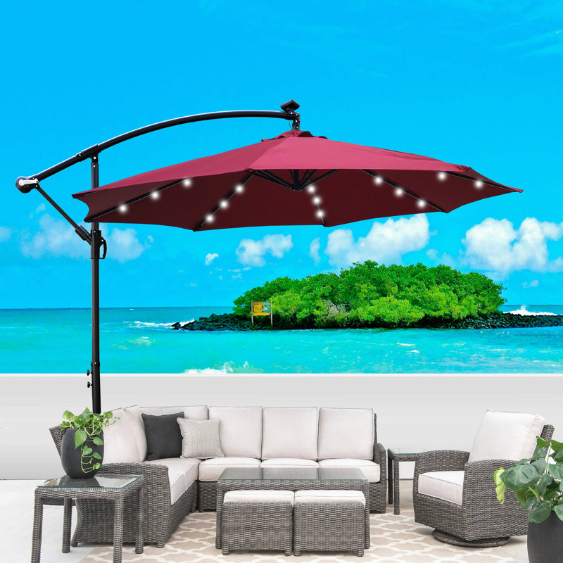 Parasol de terrasse 10 pi avec parasol solaire à DEL 8 lumières avec manivelle et base transversale, Bourgogne
