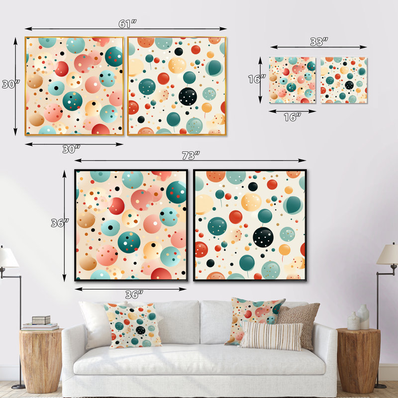 Corail et bleu élégant pois Bliss II - formes abstraites carrées collage ensemble de 2, H 16 po x l 33 po