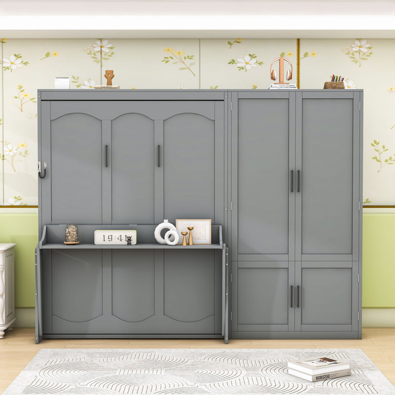 Space-Saving Queen Murphy Bed with Hydraulic Lift and Built-In Wardrobe, Gris