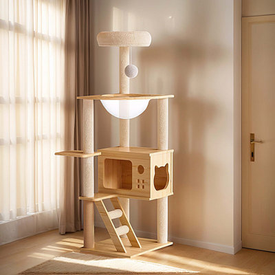 Tour d'intérieur en bois pour chat, arbre à chat avec poteaux à griffes recouverts de sisal et perchoir supérieur